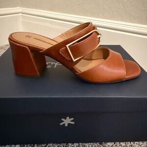 Johnston & Murphy Everly Tan Leather Buckle Block Heel Mule
